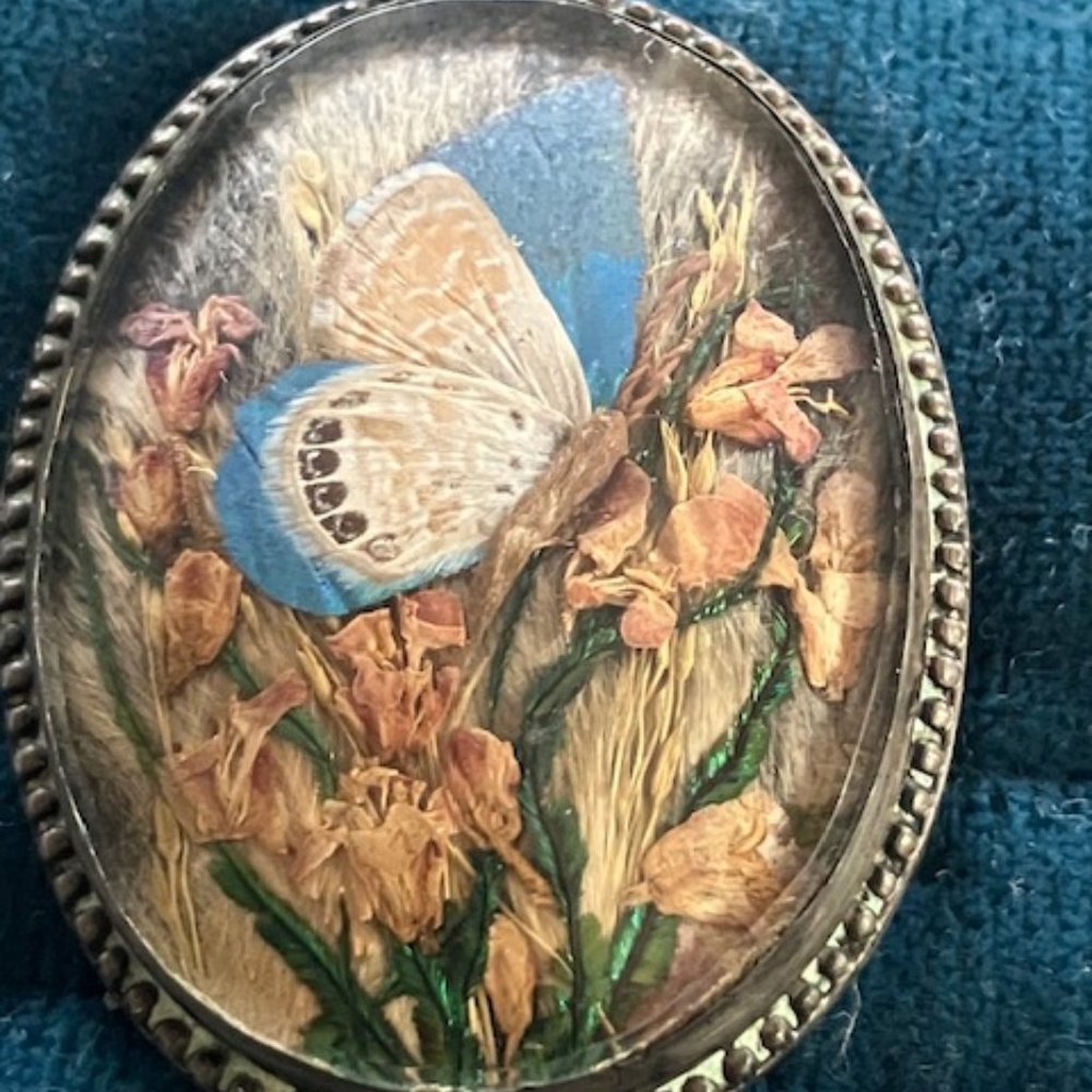 RARE! Antique Victorian Butterfly Wing Sterling Pendant with Orange Lilies